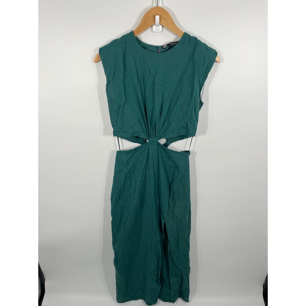 Zara Womens Linen Blend Maxi‎ Dress S Green Resort Euro Summer Beach Vacation
